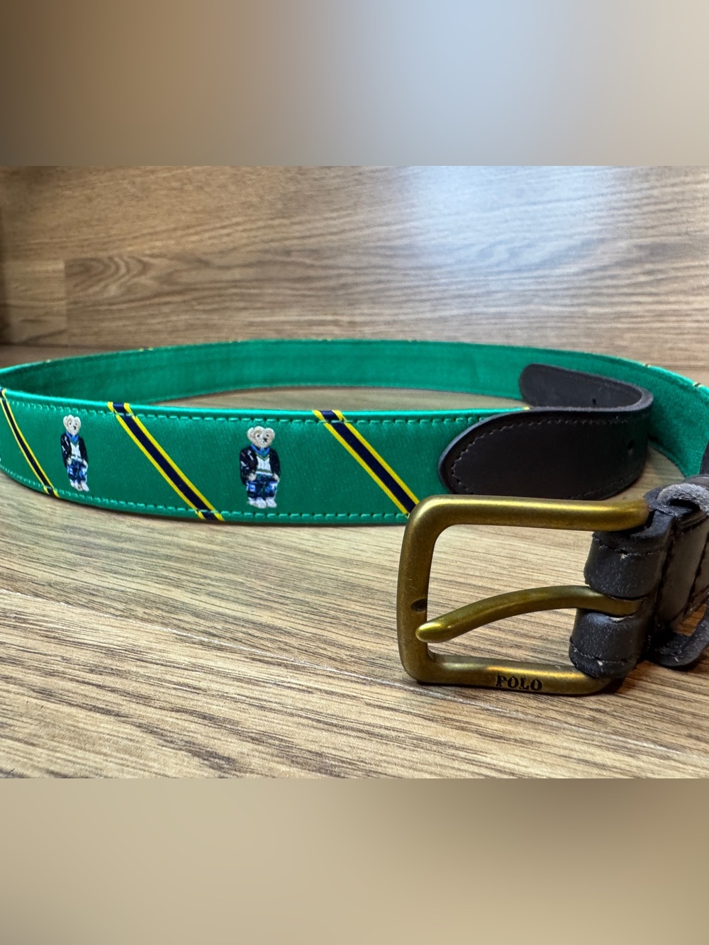 Polo by Ralph Lauren Green Leather Bear-Striped Belt with Brass Buckle 38